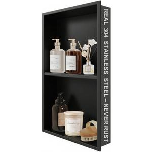304 Stainless Steel Shower Niche Insert-24 x 12" No Tile Needed Bathroom Niche for Shower Wall-Double Shelves Built in Shower Shelf-Waterproof Recessed Cabinet for Bathroom Living Room Study Kitchen, Black