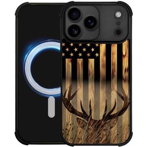 DJSOK Case for iPhone 17 Pro,Compatible with MagSafe,Anti-Scratch Shockproof Case,Wood Grain American Flag Buck Hunter Deer