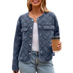 Glamaker Jean Jacket Women Denim Long Sleeve Button Down Diamond Quilted Lightweight Jackets Fall Winter Shacket Coats L