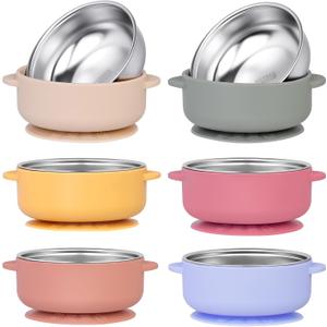 6 Pack 304 Stainless Steel Baby Bowls with Removable Non-Slip Silicone Shell, Suction Bowls for Baby, Scald-Resistant Food Containers, for Kids, Babies Food Feeding, 6 Colors