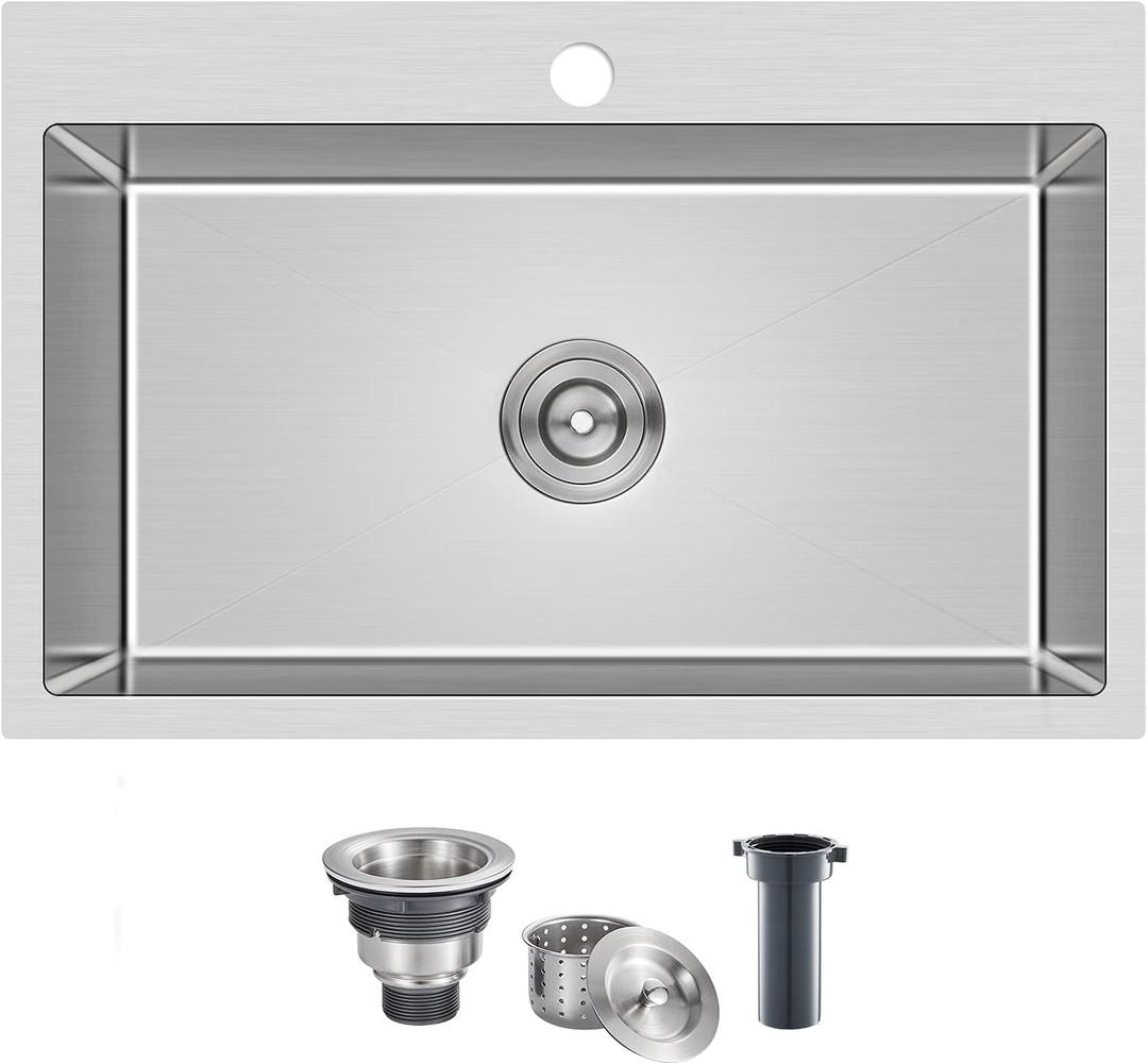 MENATT 28 Inch Drop-in Kitchen Sink, 304 Stainless Steel Topmount Handmade Kitchen Sink, Single Bowl Workstation Sink with Drain Kit (Brushed), 28"x18"x9"