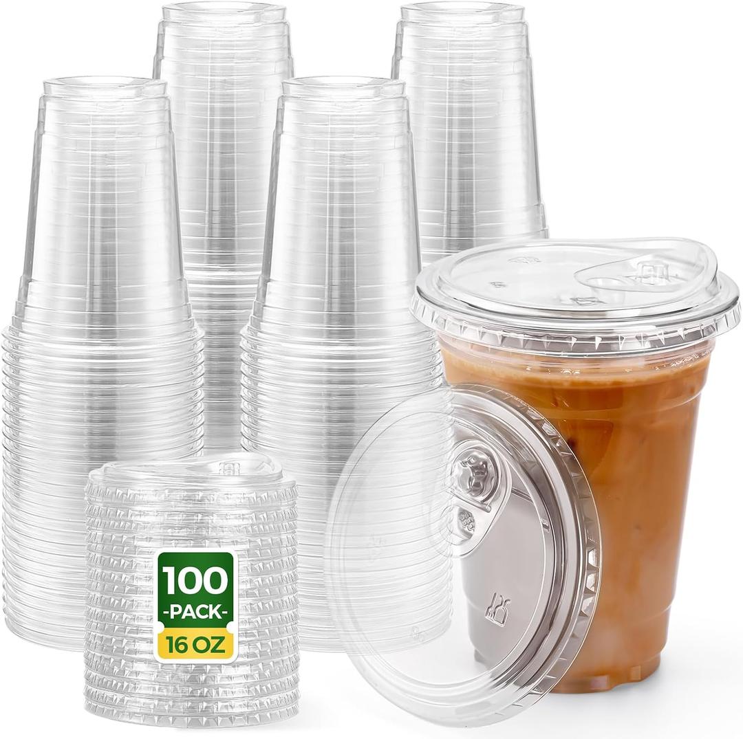 16 oz Clear Plastic Cups with Lids, 100 Sets Disposable Iced Coffee Cups with Strawless Sip Lids, BPA-Free PET Cold Cups for Smoothies, Juice, Milkshakes, To Go Drinks, Parties and Events
