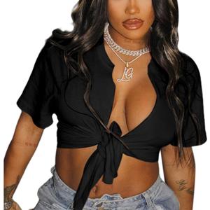 LovelyWholesale Graphic Crop Tops for Women Sexy Tie Front Top Summer Short Sleeve V Neck T Shirt (XX-Large, Black)