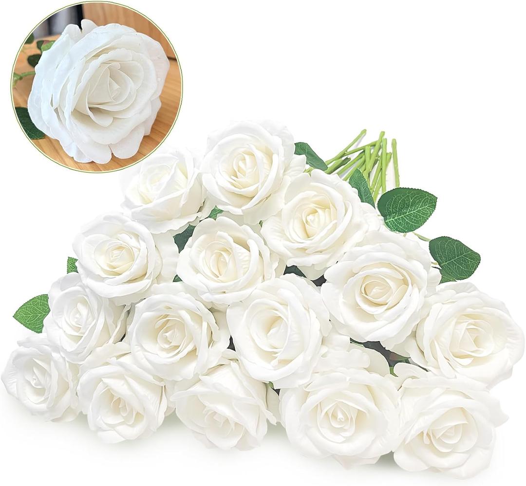15Pcs Artificial White Roses, Artificial Silk Fake White Rose Flower with Single Long Stems, Realistic Forever Bouquet Flowers for DIY Arrangements Home Decor Office Garden Party Wedding Gifts