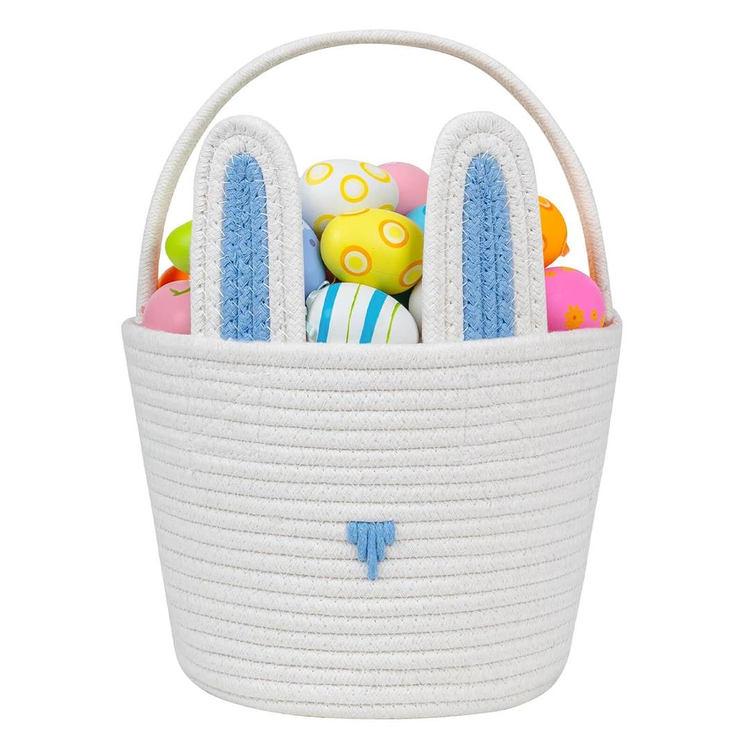 CubesLand Easter Basket for Boys Girls Easter Bunny Basket with Rabbit Ears, Easter Egg Hunting Basket Easter Baskets for Children Kids Babies First Easter Gifts Blue White 9.8 x 7.8 x 7.8
