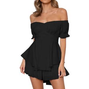 Womens off Shoulder Romper Dress Cute Tiered Ruffle Hem Jumpsuit Playsuit Flowy Pirate Mini Dress (Medium)