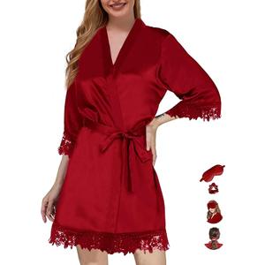 Silk Robes for Womens 2Pcs Satin Robe Kimonos Bridesmaid Bride Lace Bathrobes Sleepwear Bridal Silky Loungewear Wedding Robe, Medium