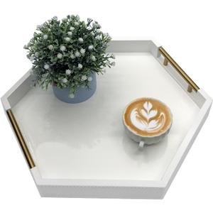 Serving Tray with Polished Metal Handles, Hexagon Coffee Table Tray, Modern Rectangle Decorative Tray, Large Ottoman Tray, Perfect for Storage and Display (White Hexagon)