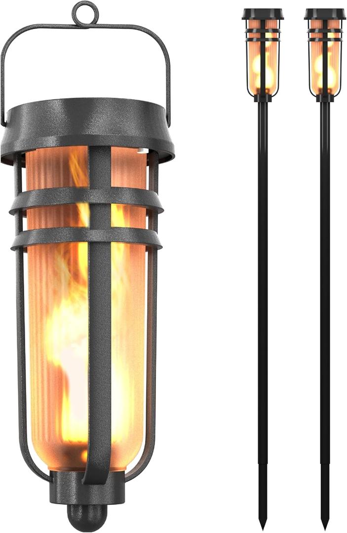 FoxFlame Metal Solar Torch Lights-Adjustable Height (24"-50"), Outdoor Garden Decor with Patented LED, Waterproof Solar Tiki Torches for Yard,Patio,Garden Pathway,Matte Black2 Pack