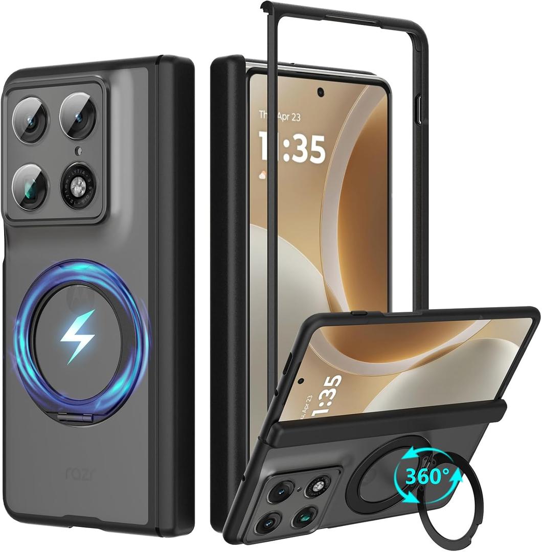 for Motorola Razr Fold Case with 360 Magnetic Stand [Compatible with MagSafe] [Hinge Protection] Translucent Matte Hard Shockproof with Anti-Fingerprint Phone Cover for Moto Razr Fold 2026 (Black)