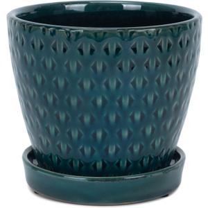 Geometric Triangle 4.75 x 5.5 Inch Teal Green Ceramic Flower Pot Planter with Saucer