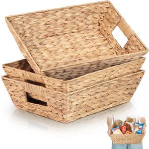 2 x Set of 3 Snack Baskets, Water Hyacinth Basket, Wicker Snack Basket Organizer for Office, Small Wicker Baskets with Handles (3 Medium Basket)