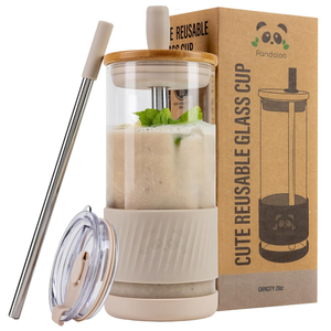 Pandaloo® Glass Cups With Lids and Straws 20 Fl Oz Perfect Size Iced Coffee Cup  Smoothie Cup With Bamboo Lid and On the go Lid (Creamy Mushroom, 1 Count (Pack of 1)