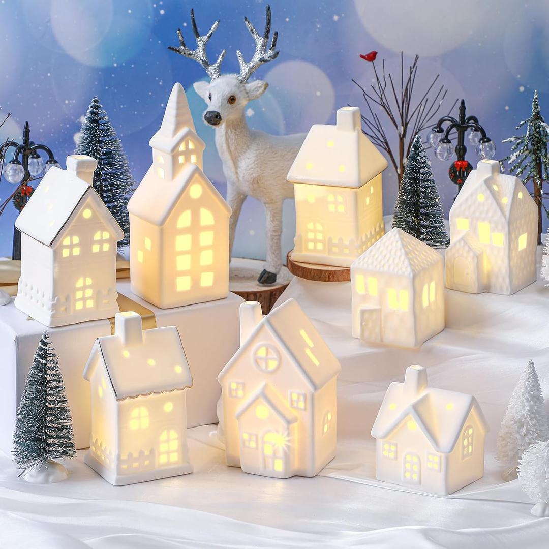 Wesiti 28 Pcs Ceramic LED White Christmas Village Set Include 8 LED White Christmas Village Houses 18 Xmas Trees 2 Lamp Post Scenes Decor Xmas Figurine Decoration Tabletop Mantel Shelf(Classic)