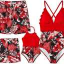 PATPAT Mommy and Me Matching Swimsuit One Piece Leaves Printed V Neck Bathing Suits Family Swimwear Matching Set (Large, Ruby Red)