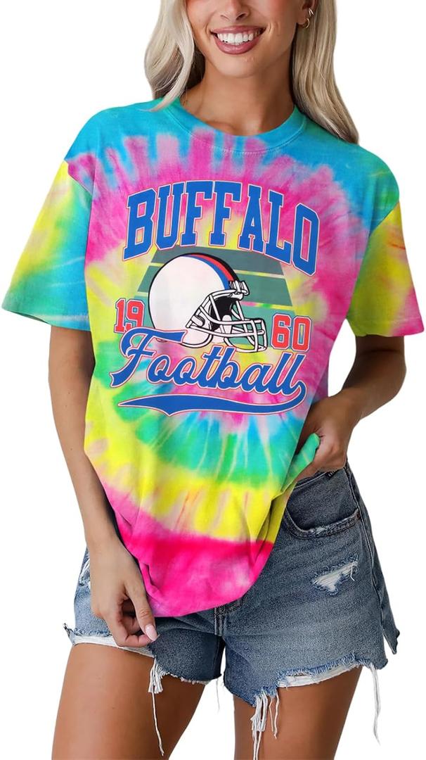 IZYJOY Football Shirt for Women Tie Dye Football Team Fans T-Shirt Vintage Game Day Tee Sports Short Sleeve Top (Small, Pink Yellow-100)