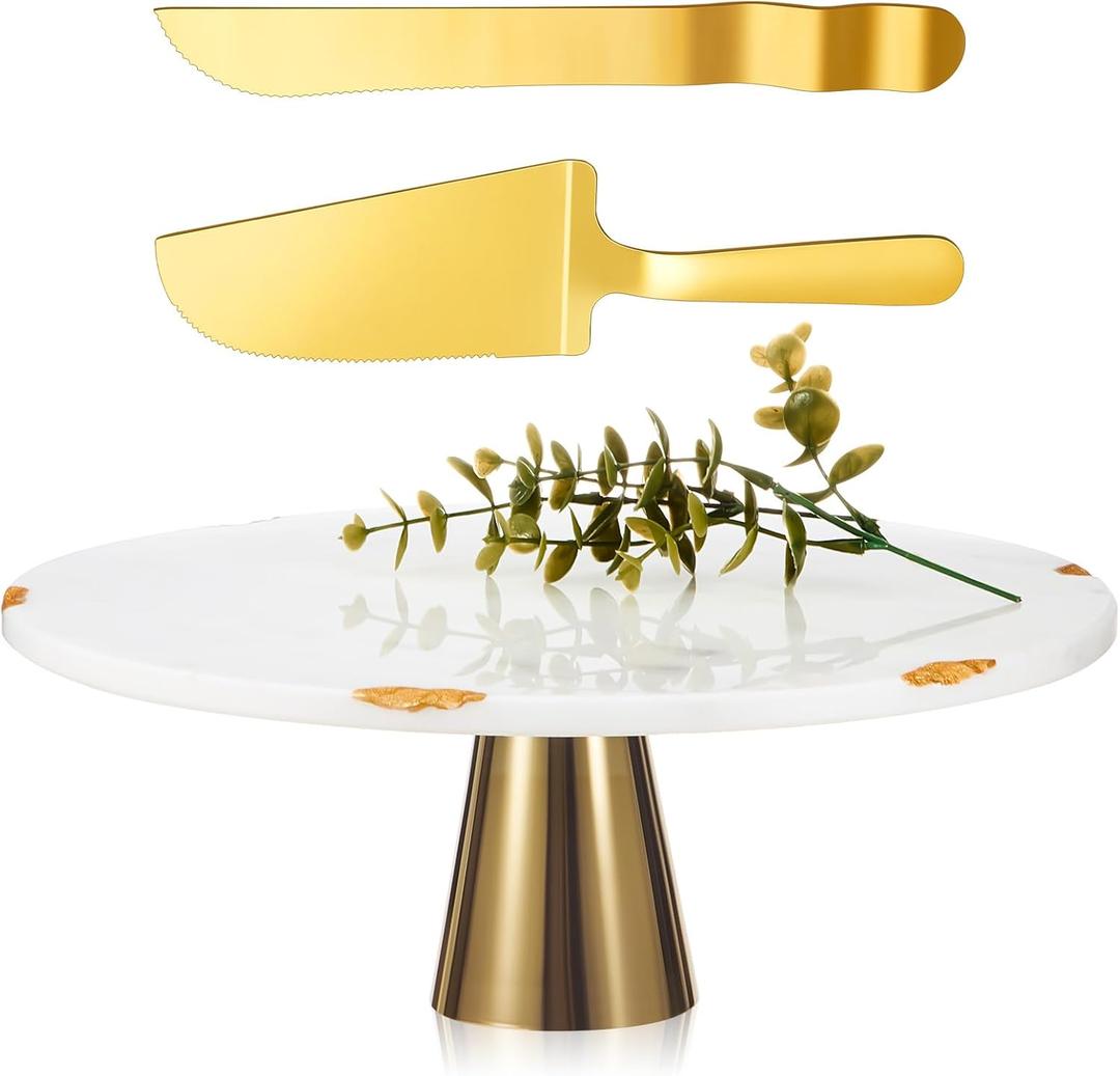 Lallisa 12 Inch Marble Wedding Cake Stand with Golden Knife and Spatula Gold Cake Stand Marble Pedestal Serving Stand Round Dessert Display for Weddings, Showers, Anniversaries, Parties, Home