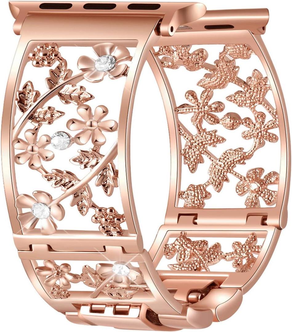 Floral Band Compatible with Apple Watch Jewelry Band 38mm 40mm 41mm 42mm iWatch Bands Series 11 10 9 8 7,Bling Crystal Bracelet Hollow Metal Strap,Dressy Women Wristband(38/40/41/42mm,Rose Gold)