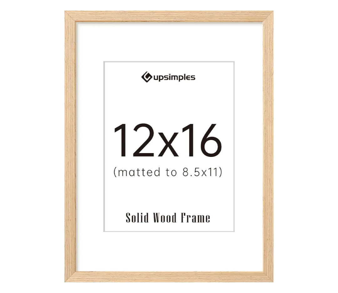 upsimples 12x16 Frame, Natural Solid Wood Picture Frames, Display 8.5x11 with Mat or 12 x 16 Without, Vertical & Horizontal Wall Hanging, 1 Pack, Natural