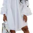 WOKANSE Women's Casual Plus Size Shirred Dresses Off Shoulder Bell Sleeves Ruffle Loose Stretchy Neck Midi Dress (White, L)