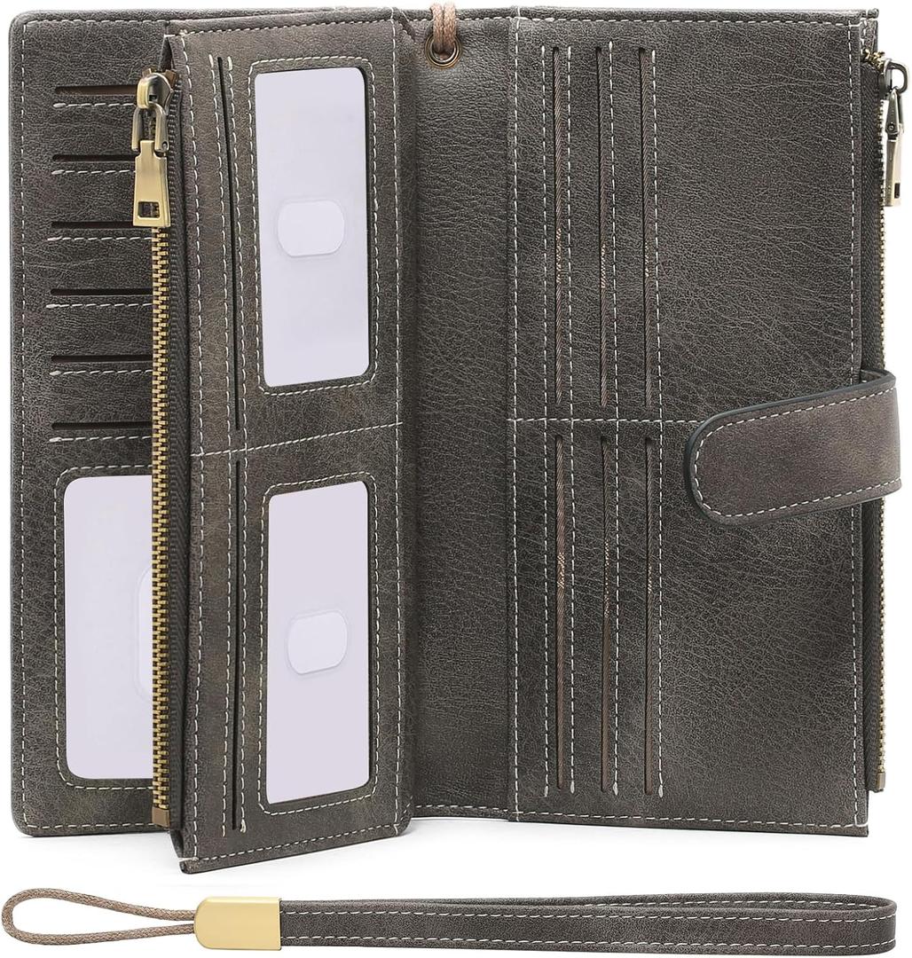 GOIACII Womens Wallets Large Capacity Credit Card Holder Rfid Wallet Women Double Zipper Pocket Leather Bifold Ladies Wristlet Clutch Wallet (Grey)