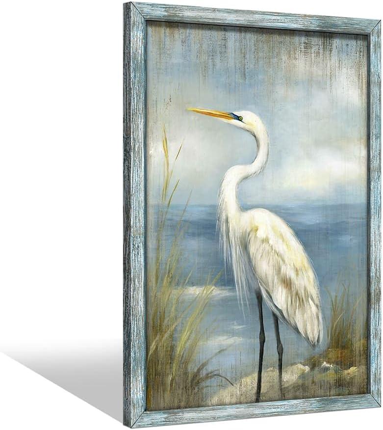 Coastal Heron Wooden Wall Art: Ocean Bird Framed Artwork Blue Sea Seascape Painting Beach Seashore Picture Egret Prints for Bathroom Bedroom Home Office (16L" x 11W")