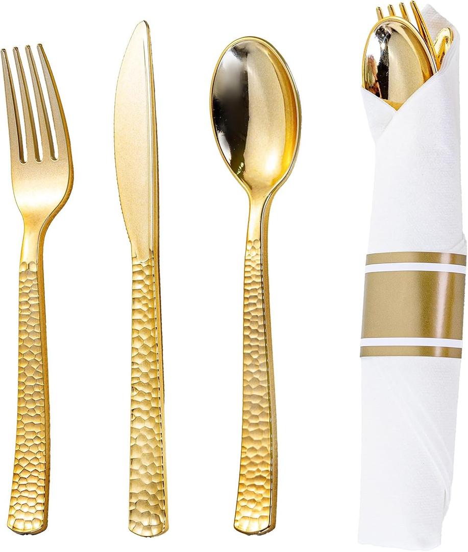 WELLIFE 50 Pack Gold Plastic Silverware with Pre Rolled Napkins,Hammer Pattern Design,Plastic Cutlery Includes: 50 Forks,50 Knives,50 Spoons,50 Napkins,Gold Silverware Disposable for Party and Wedding