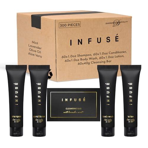 Infuse Black Hotel Soaps and Toiletries Bulk Set |1-Shoppe All-In-Kit Amenities for Hotels & Airbnb | oz Hotel Shampoo & Conditioner, Body Wash, Lotion & 1.25 oz Cleansing Bar Travel Size |300 Pieces