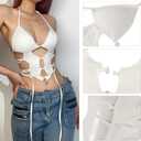 Women's Sexy Cut Out Deep V Neck Halter Crop Top Sleeveless Criss Cross Tank Top Tie Up Backless Cami Crop Top White (White, M)