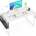 KKL Small Desk with Power Outlets and USB Port Computer Desk for Home Office Gaming Simple Modern Style Writing Desks with Storage Bag Headphone Hook, 40 inch, White