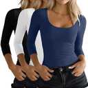 Ficerd 3 Pack Women's 3/4 Sleeve Shirts, Scoop Neck Cotton Slim Fit Tops Soft U Neck Knit Fitted Basic Tees Blouses M (Blue, Black White)