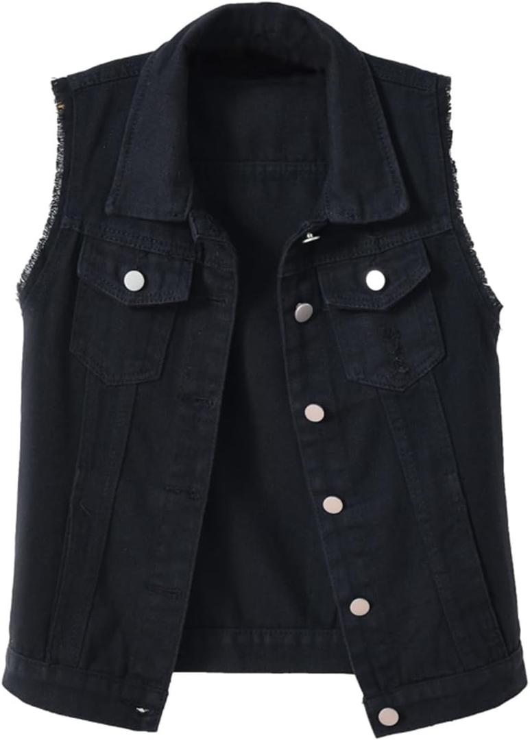 Women's Casual Denim Waistcoat Slim Fit Frayed Sleeveless Jacket Ripped Tops with Pockets (Black, XS)