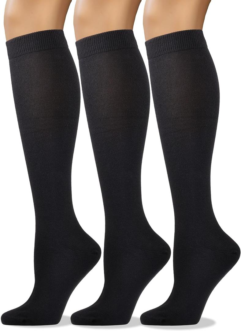 COTTON DAY Women's Soft Combed Cotton Knee High Long Calf Dress Socks Seamless Toe Black White Gray Navy Blue Brown (6-9)