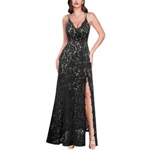 VFSHOW Womens Sexy V Neck Floral Lace Prom Formal High Slit Maxi Dress 2023 Spaghetti Strap Bridesmaid Wedding Guest Cocktail Evening Long Gown (Black, X-Small) 10905 BLK XS