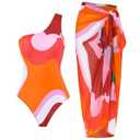 IBTOM CASTLE Retro Swimsuit for Women: Women's 2 Pieces Summer Holiday Swimwear Casual One Shoulder Swimsuit with Cover up Beach Skirt Bathing Suit Tummy Control Sarong Beachwear Red & Orange XL