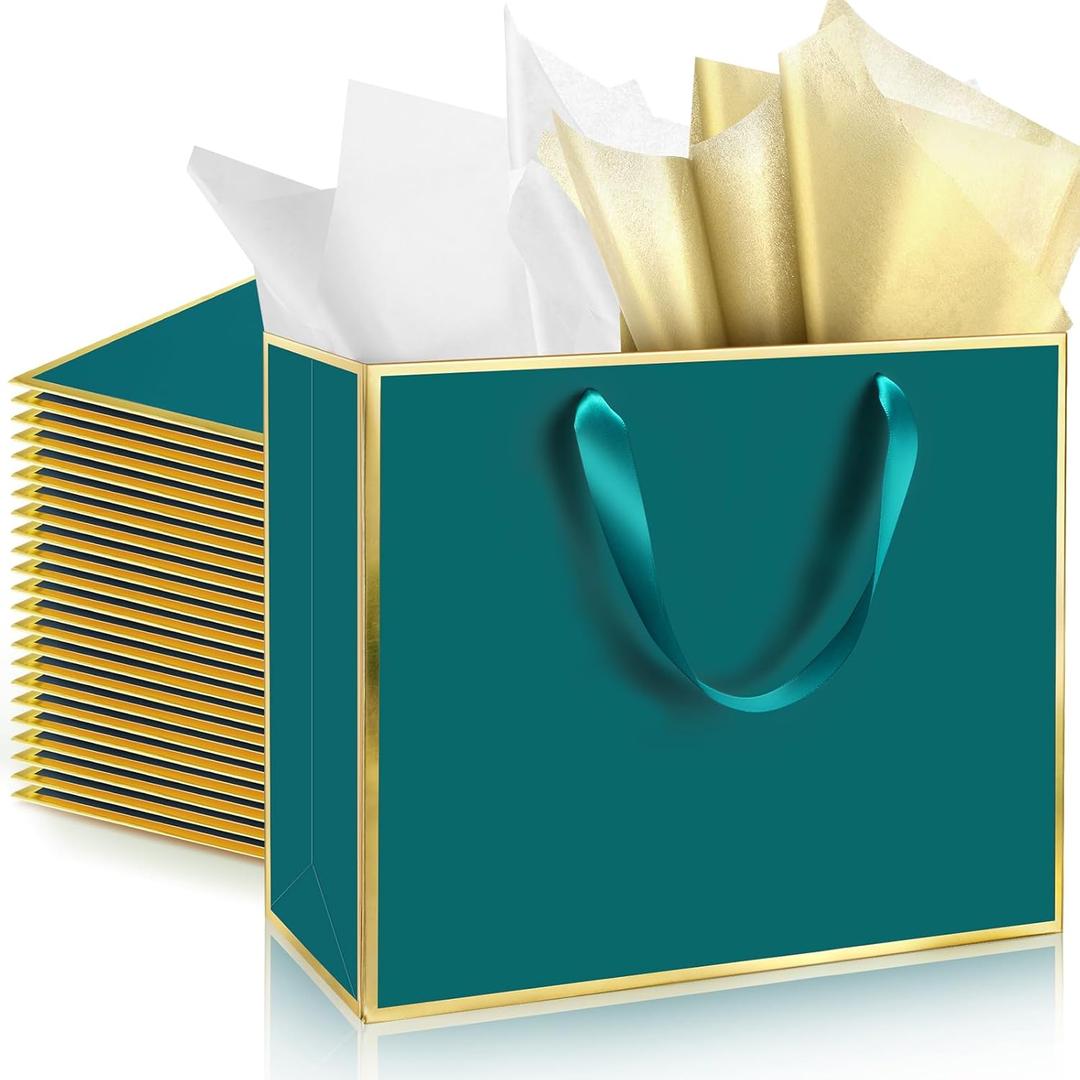 ReliThick 12 Pack Metallic Paper Gift Bag with Handles and Tissue Paper 11.8 x 10 x 4'' Thank You Favor Bag for Graduation Mother's Day Wedding Bridesmaid Groomsman 5 Senses Gifts (Turquoise,Gold)