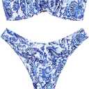 ZAFUL Women's Bandeau Bikini O Ring Strapless Tie Back High Cut Two Piece Swimsuit Bathing Suit, Blue White, S