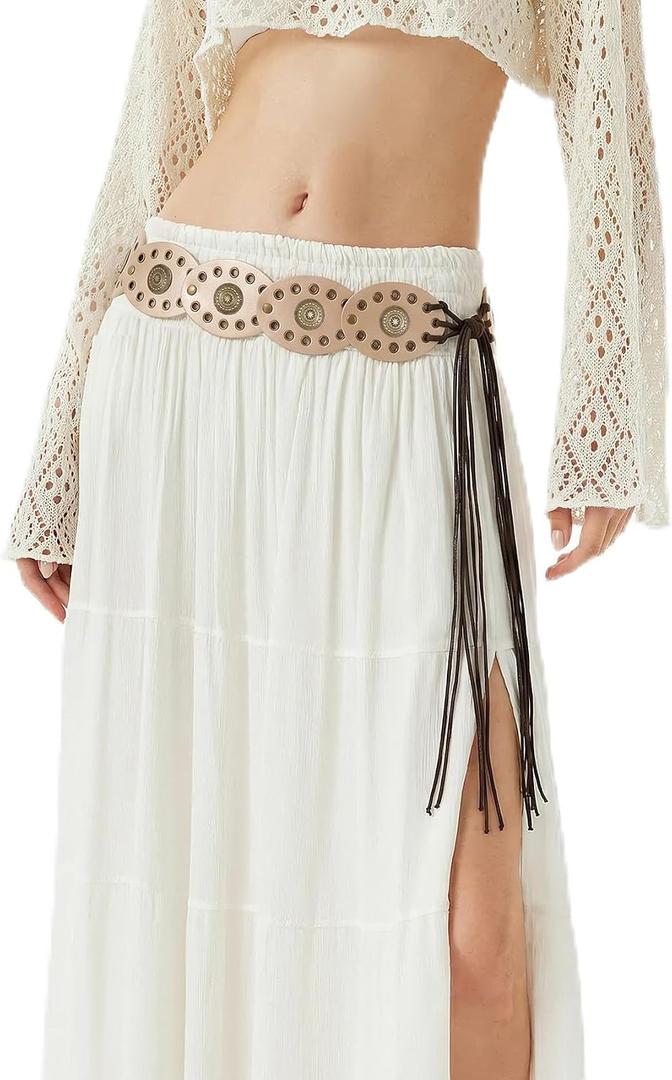 XZQTIVE Women's Boho Disc Belt Concho Western Cowgirl Cowboy Belt for Ladies Wide Vintage Leather Waist Belt for Dress (Brown), Size: Fits Sizes 34"-40"