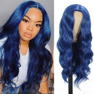 Blue wig Long Wavy Wigs for Women 26 Inch Middle Part Curly Wavy Wig Natural Looking Synthetic Heat Resistant Fiber Wig for Daily Party Use