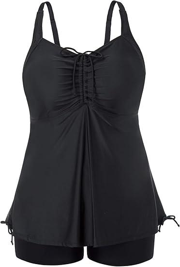 Hanna Nikole Plus Size Tankini Swimsuits for Women Two Piece Swim Top Shorts Tummy Control Bathing Suits Black 22 W