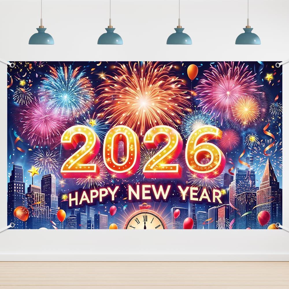6x3.6ft Happy New Year 2026 Banner Mufti-Color New Years Decorations 2026 New Years Eve Party Supplies Banner Photography Background Party Banner Photo Studio Props
