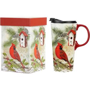 Topadorn Christmas Ceramic Travel Mug Coffee Cup Latte Mug with Lid and Gift Box for Holiday, 17 oz