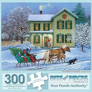 Bits and Pieces  300 Piece Jigsaw Puzzle for Adults 18" x 24" – Grandma’s House – Winter Holiday Snow Christmas Tree Sled Horse Ride 300 pc Large Piece Jigsaw by Artist John Sloane