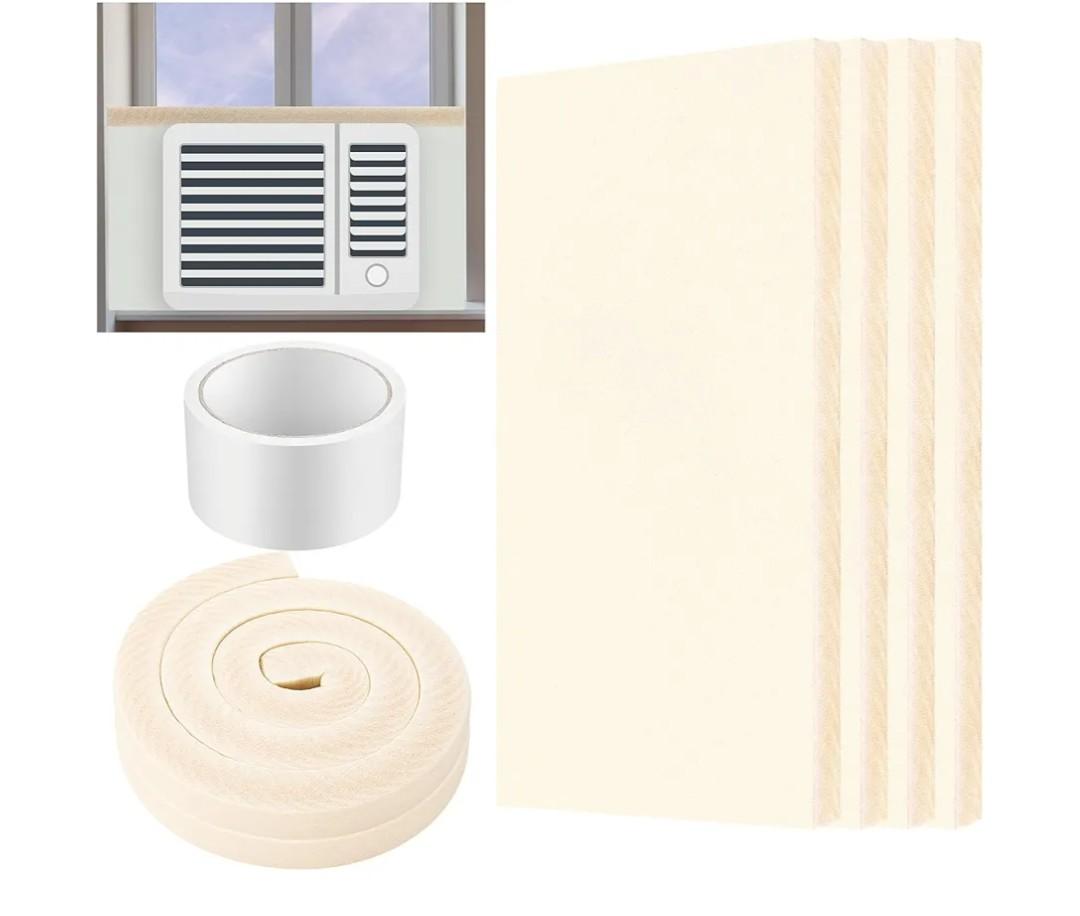 Pangda 2 Pcs 17 x 9 x 7/8 Inch Window Air Conditioner Insulated Foam Panels Insulation Winter Ac Side Surround Panels Kit with Top Seal Strip for Summer and Winter Indoor (Beige)