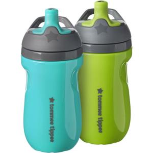 Tommee Tippee Insulated 9oz Sporty Spout Toddler Water Bottle, No Spill, Sippy Cups for Toddlers 1-3, Two-Piece Valve Helps Stop Spills, Green & Teal, BPA Free, Pack of 2