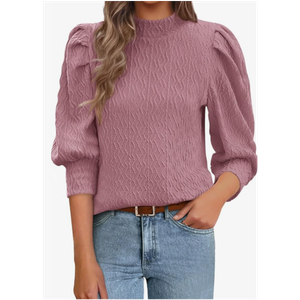 SPRETTYGARDEN Womens Puff 3/4 Sleeve Tops 2025 Trendy Spring Summer Mock Neck Texture Knit T Shirts Work Casual Dressy Blouses, S