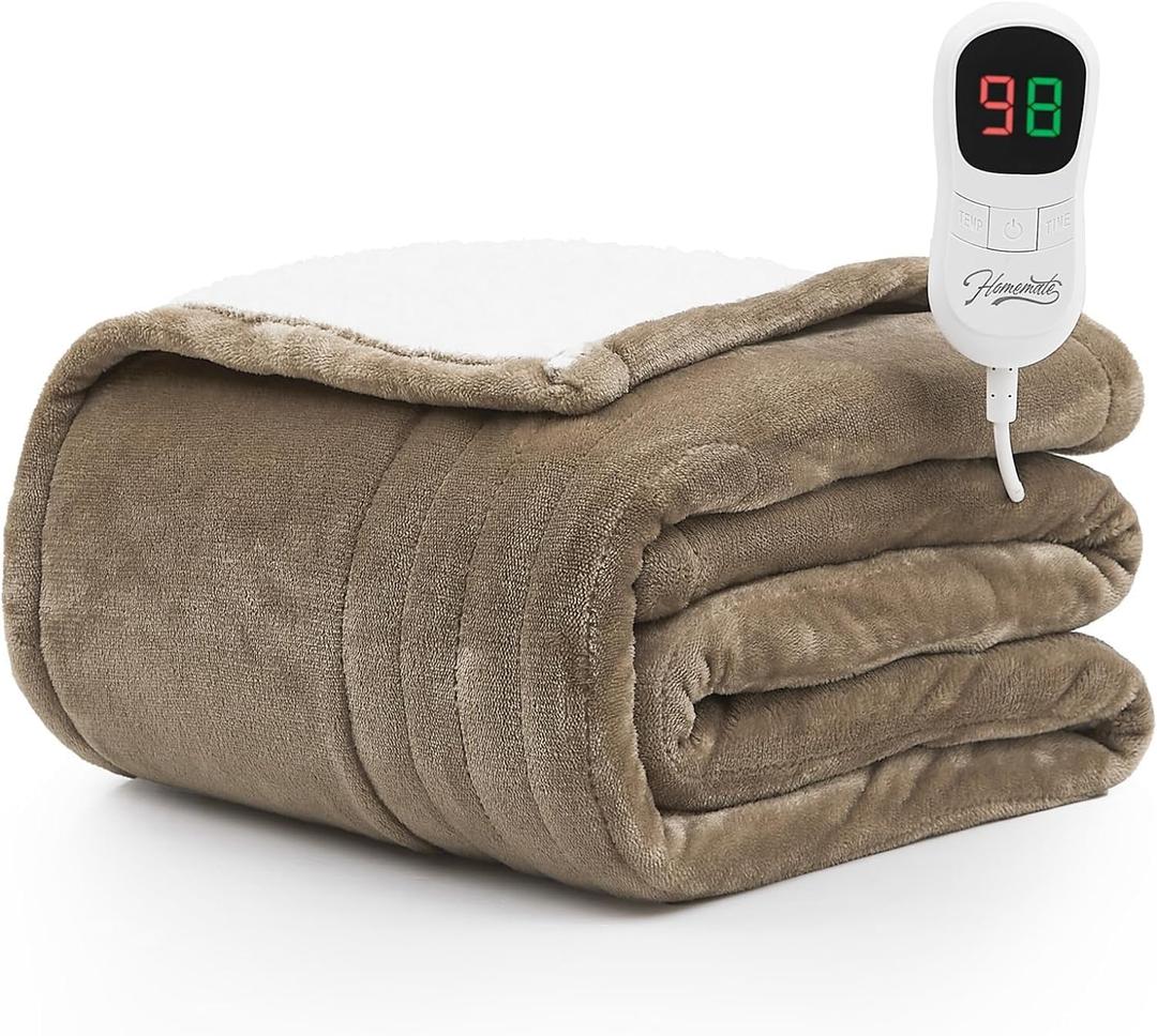 Homemate Electric Heated Blanket Throw - 50"x60" Heating Blanket Throw Size 1/2/4/6/8 Hours Auto-off 10 Heat Level Heat Blanket Over-heat Protection Flannel Sherpa Big Heater Blanket ETL Certification (50 Inch x 60 Inch, Beige)