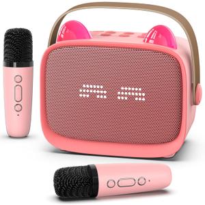 Mini Karaoke Machine Toys Gifts,Kids Portable MP3 Player with 2 Wireless Microphone and LED,Christmas Birthday Gifts for Girls Boys 3 4 5 6 7 8+ Year Old (Pink)