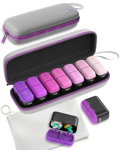 Weekly Pill Organizer, 7 Day Travel Medicine Pill case with Moisture-Proof Silicone Lid, Large AM PM Daily Pill Organizer 2 Times a Day for Vitamins & Supplements, Secure Zipper Pill Box(Purple)