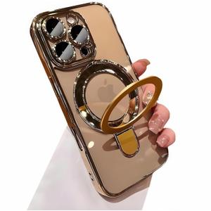 Magnetic for iPhone 16 Pro Case Compatible with Magsafe Stand Camera Protector Plating Clear Soft Rubber Protective Phone Case (Desert Gold)